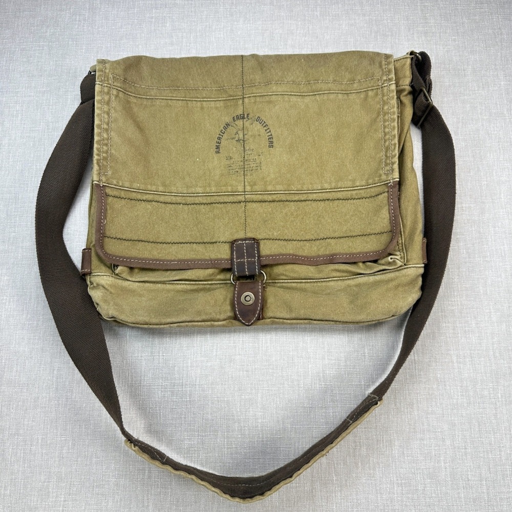 Vtg American Eagle Messenger Bag Khaki Canvas Utility Crossbody Adjustable Strap